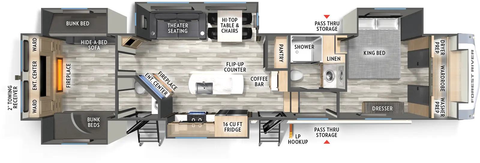 The Wildcat Fifth Wheels 37BEST floorplan has two entries and four slide outs. Exterior features include: fiberglass exterior and 15' awning. Interiors features include: bunk beds, kitchen island, front bedroom and bathroom and a half.